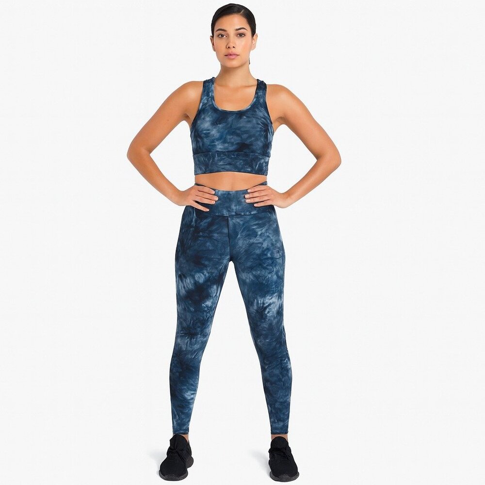 Cotton Bleu Blue Marble Sports Bra & High Rise Leggings Set S/M New